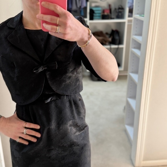 Vintage 50s 60s Black Floral Brocade Pinup Dress and Jacket Set - Picture 2 of 16